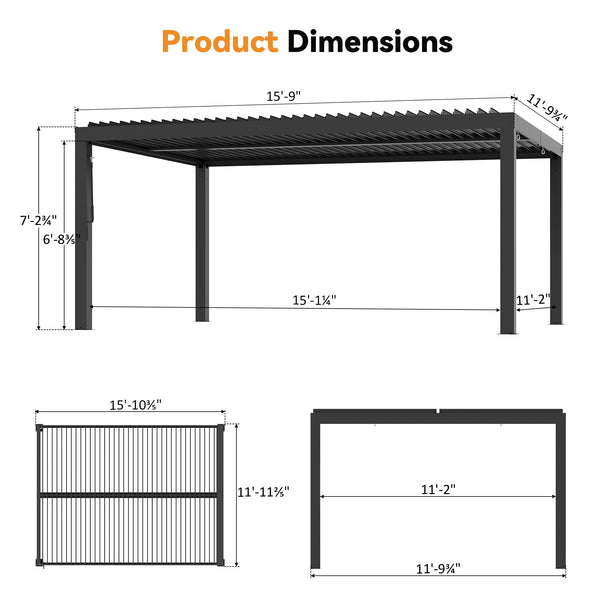 12'x16' Aurora Metal Pergola with Adjustable Louver